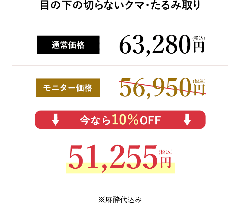 目の下の切らないクマ・たるみ取り部位別料金