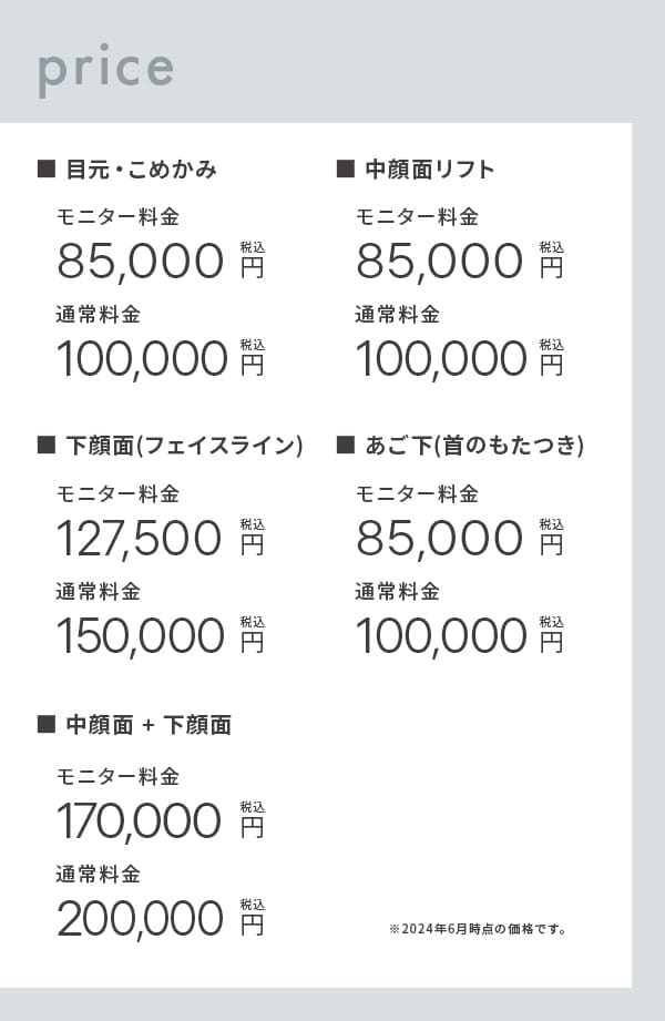 メニュー別の価格