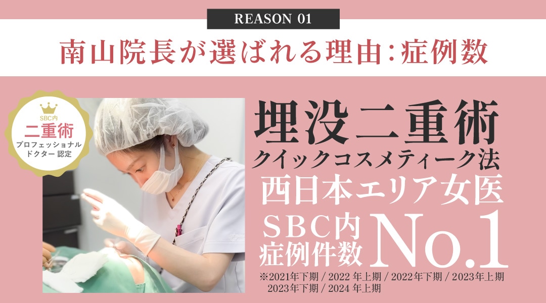 二重整形【関西•西日本女医 執刀数No.1*】の豊富な執刀経験数<br>(*2021年下期-2024年上期 QC法 SBC内)