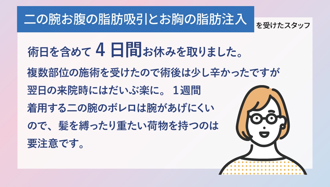 二の腕・お腹の脂肪吸引とお胸の脂肪注入豊胸を受けたスタッフ