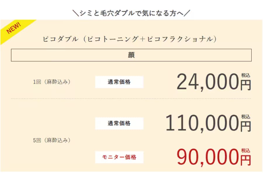 ピコダブルの料金表